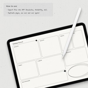 May include: A black and white vision board template with categories for wealth, health, travel, knowledge, family, career, and relationships. The template is on a digital tablet with a stylus.