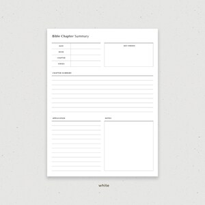 May include: Printable Bible chapter summary page with sections for date, book, chapter, verses, key verses, chapter summary, application, and notes.