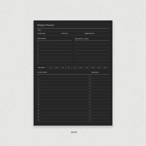 Pu&ograve; includere: Un planner di progetto in bianco e nero con sezioni per titolo, data di inizio, data di scadenza, data di completamento, pietre miliari, risorse e idee, progresso, passaggi d'azione e scadenza.