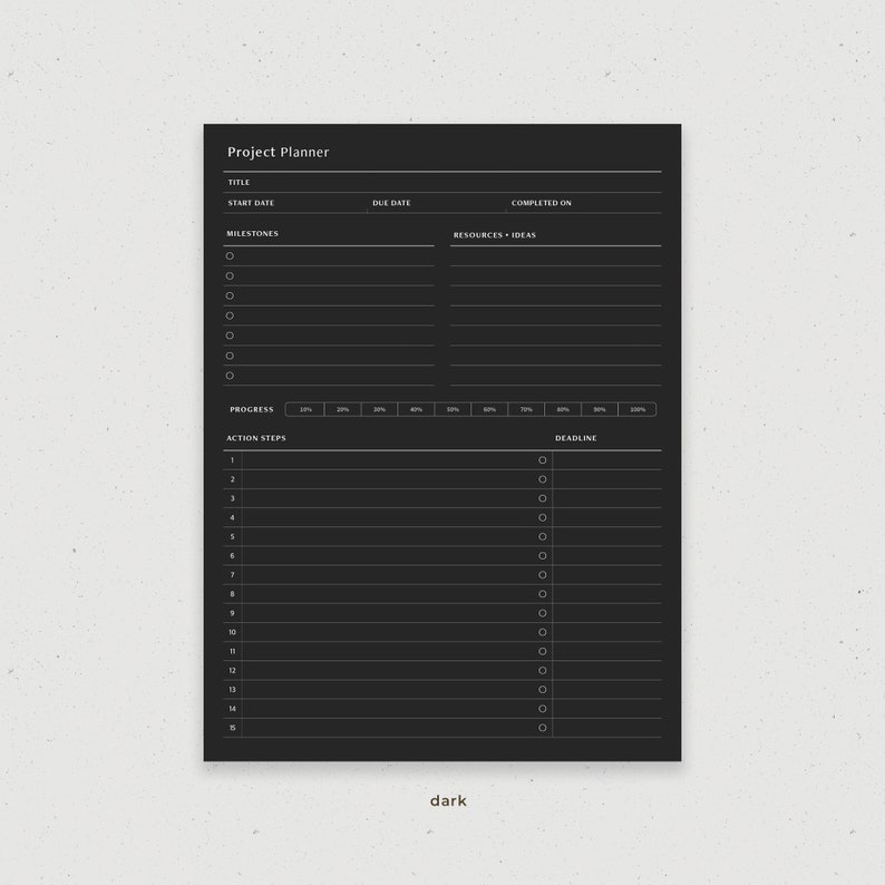 Pu&ograve; includere: Un planner di progetto in bianco e nero con sezioni per titolo, data di inizio, data di scadenza, data di completamento, pietre miliari, risorse e idee, progresso, passaggi d'azione e scadenza.