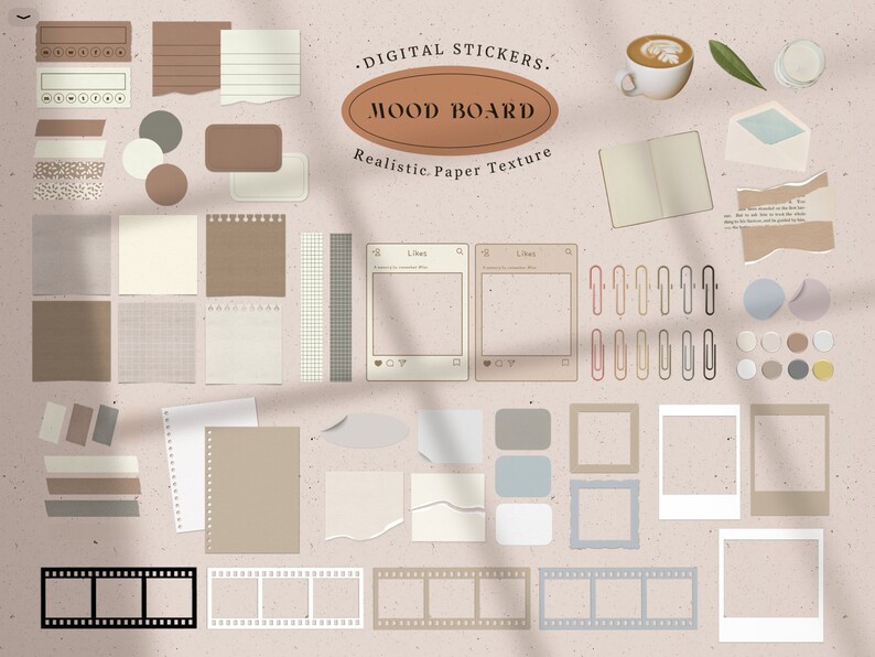 May include: Digital mood board stickers with a realistic paper texture. The stickers include various shapes, sizes, and colors, such as white, brown, and gray. There are also some paper clips, film strips, and a cup of coffee.