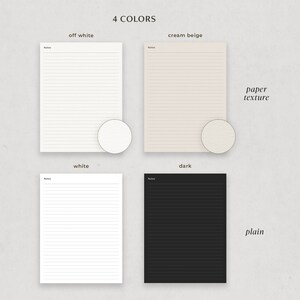 May include: Four lined paper notepads in different colors: off white, cream beige, white, and black. The notepads have the word "Notes" at the top and a circle with a paper texture in the bottom right corner of each notepad.