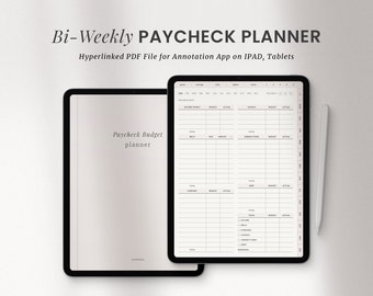 Puede incluir: Dos tabletas negras muestran un planificador de nómina quincenal digital. El texto "Bi-Weekly PAYCHECK PLANNER" y "Hyperlinked PDF File for Annotation App on IPAD, Tablets" son visibles. Una tableta muestra un diseño de presupuesto, con un lápiz óptico al lado.
