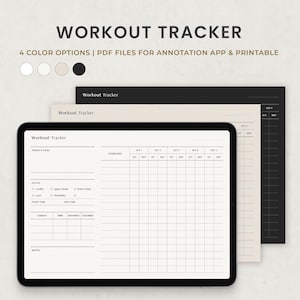 May include: A digital workout tracker template with a grid for recording sets, reps, and weight. The template is designed for use with annotation apps and is printable. The template is shown on a tablet screen.