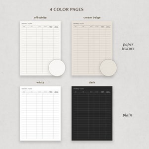 May include: Four printable inventory tracker pages in different colors: off-white with a paper texture, cream beige with a paper texture, white, and black. Each page has the title "Inventory Tracker" and columns for date, item, in, out, and total.