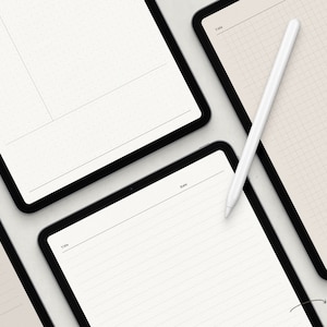 May include: A collection of digital tablet screens displaying various notebook paper styles. The screens feature dot grid, lined, and graph paper designs, with a white stylus resting on one. The color palette includes beige and off-white tones.