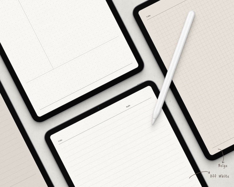 May include: A collection of digital tablet screens displaying various notebook paper styles. The screens feature dot grid, lined, and graph paper designs, with a white stylus resting on one. The color palette includes beige and off-white tones.