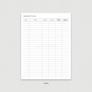 May include: A printable inventory tracker with columns for date, item, in quantity, out quantity, current stock, and need to purchase.