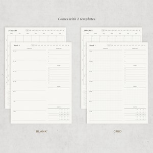 May include: Two printable planner templates for January. The first template is blank, the second template has a grid pattern. Both templates have a section for schedule, to do, notes, and habits.