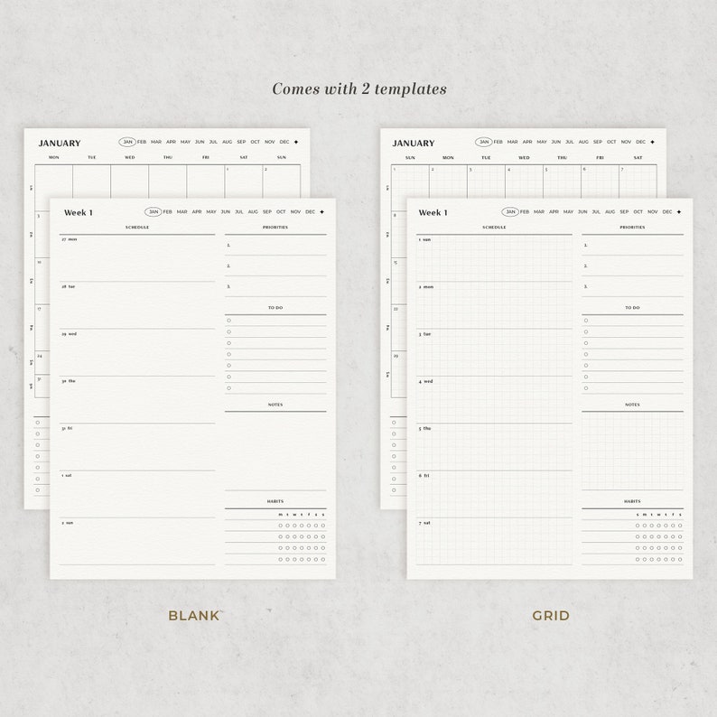 May include: Two printable planner templates for January. The first template is blank, the second template has a grid pattern. Both templates have a section for schedule, to do, notes, and habits.