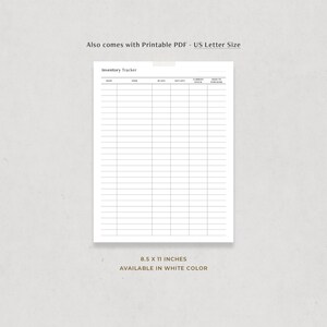 May include: Printable inventory tracker template in US Letter size (8.5 x 11 inches). The template has columns for date, item, cost, quantity, current stock, and need to purchase.