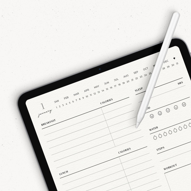 K&ouml;nnte beinhalten: Ein schwarz-wei&szlig;er digitaler Planer mit einem Kalender, einem t&auml;glichen Tracker und Abschnitten f&uuml;r Kalorien, Schlaf, Wasser, Schritte, Stimmung und Training. Der Planer liegt auf einer wei&szlig;en Oberfl&auml;che mit einem wei&szlig;en Stift.