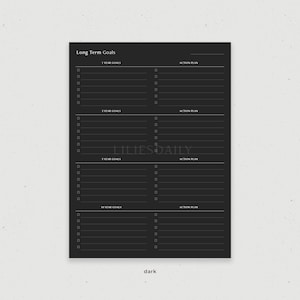 May include: A black and white printable planner with the title "Long Term Goals". The planner is divided into four sections for 1 year, 3 year, 5 year, and 10 year goals. Each section has a space for goals and an action plan.