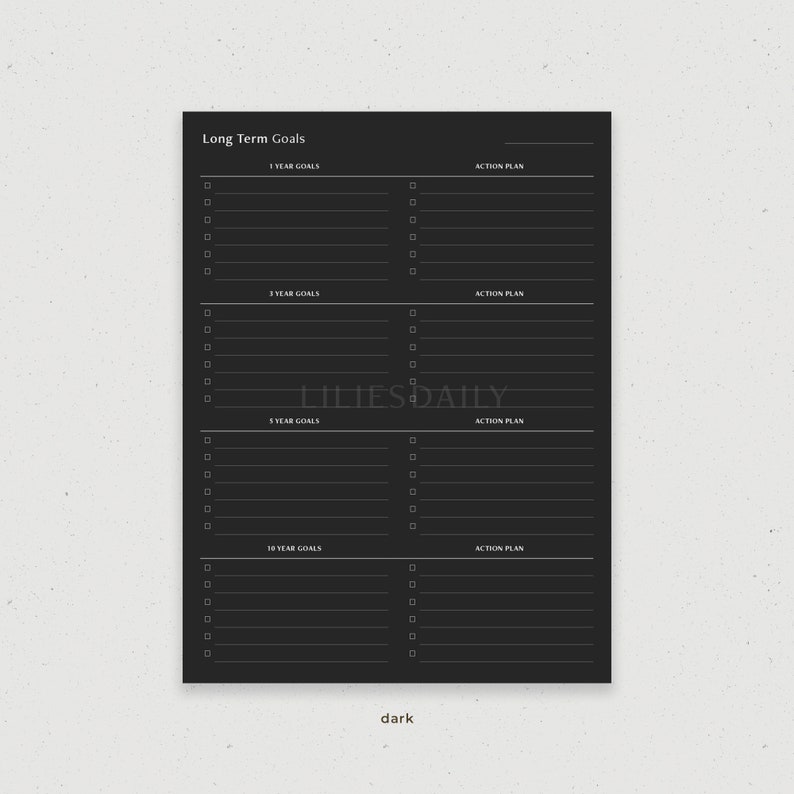 May include: A black and white printable planner with the title "Long Term Goals". The planner is divided into four sections for 1 year, 3 year, 5 year, and 10 year goals. Each section has a space for goals and an action plan.
