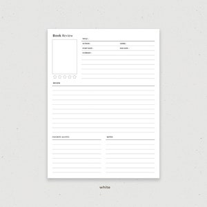 May include: A printable book review template with sections for title, author, genre, start date, end date, summary, review, favorite quotes, and notes. The template has a white background and black text.