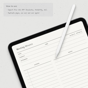 May include: A white digital tablet with a black border, displaying a meeting minutes template. The template includes sections for date, subject, attendees, agenda, time, and notes. A white stylus is positioned on the tablet.