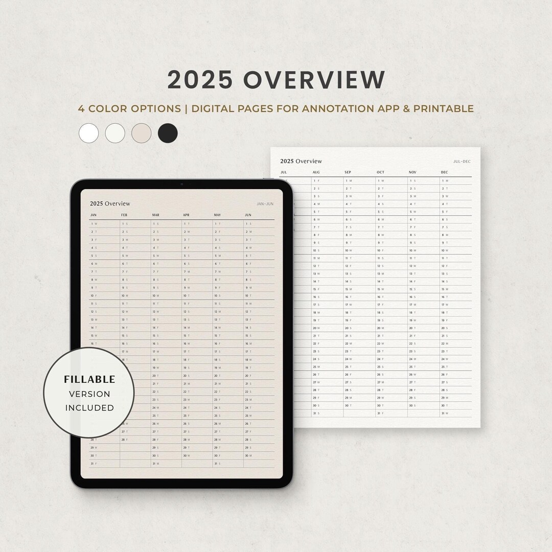 2025 Overview, Yearly Calendar, Half Year Planner Digital Template for