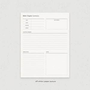 May include: Printable Bible chapter summary page with sections for date, book, chapter, verses, key verses, chapter summary, application, and notes. The page has a white background with a subtle paper texture.