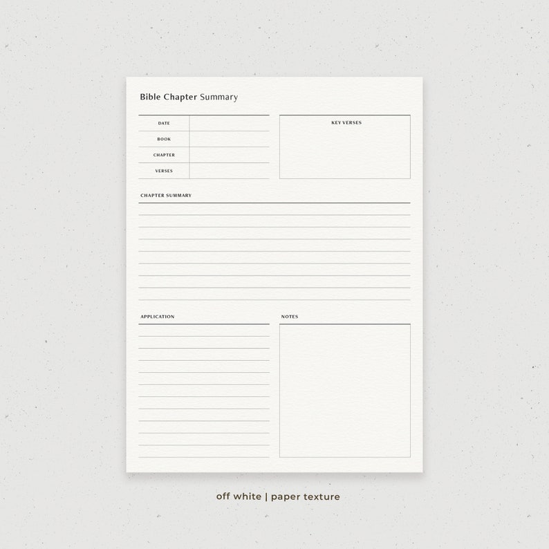 May include: Printable Bible chapter summary page with sections for date, book, chapter, verses, key verses, chapter summary, application, and notes. The page has a white background with a subtle paper texture.