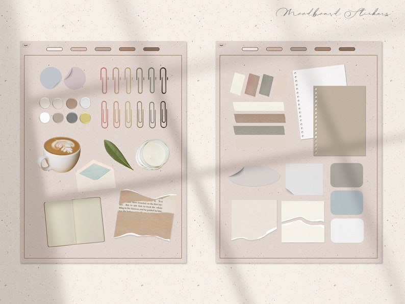 May include: A digital mood board with various stickers, including circles, squares, rectangles, and torn paper. The stickers are in shades of brown, beige, gray, and white. The mood board also includes a cup of coffee, a book, and a leaf.