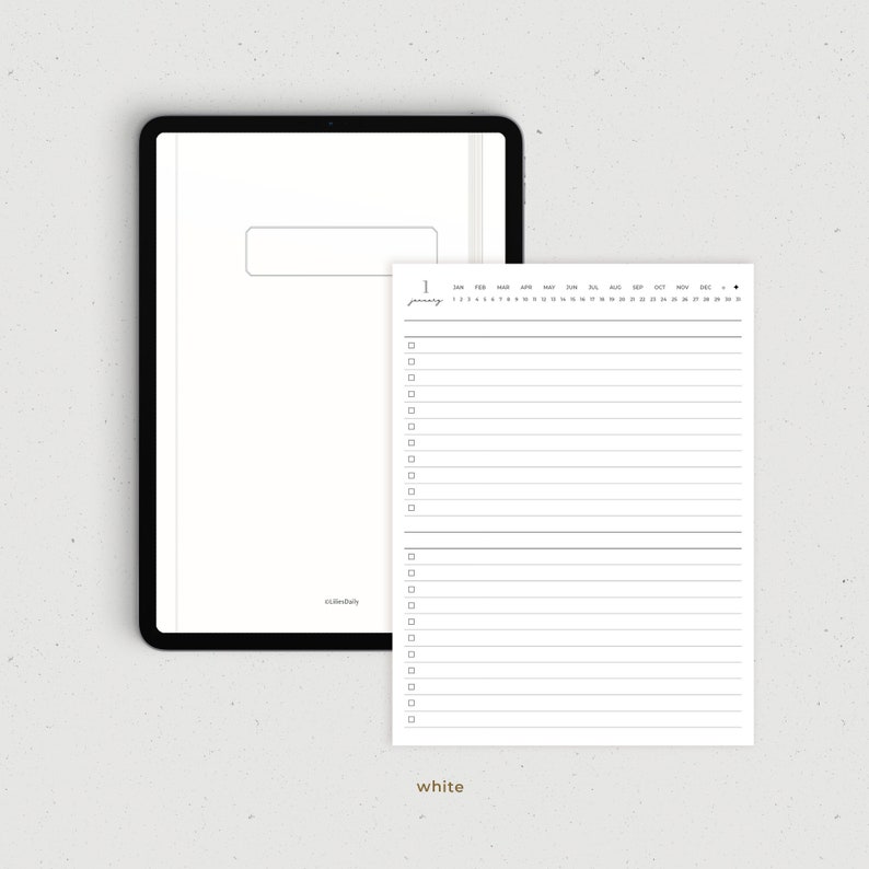 May include: A white digital planner with a calendar overview and a to-do list section. The calendar shows the months of the year and the to-do list has checkboxes.