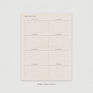 May include: A printable planner page with a beige background and a paper texture. The page is divided into four sections, each with a heading: "1 Year Goals", "3 Year Goals", "5 Year Goals", and "10 Year Goals". Each section has a column for goals and a column for action plans.