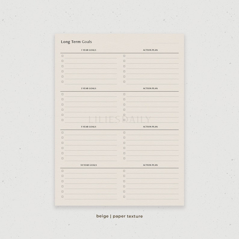 May include: A printable planner page with a beige background and a paper texture. The page is divided into four sections, each with a heading: "1 Year Goals", "3 Year Goals", "5 Year Goals", and "10 Year Goals". Each section has a column for goals and a column for action plans.