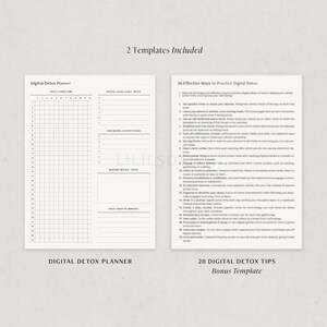 May include: Two printable digital detox planner templates. The first template is a daily screen time tracker with a grid for logging screen time. The second template is a list of 20 effective ways to practice digital detox.