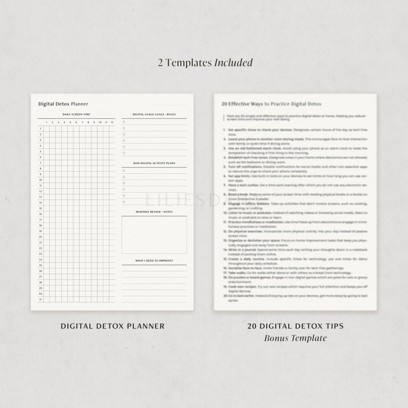 May include: Two printable digital detox planner templates. The first template is a daily screen time tracker with a grid for logging screen time. The second template is a list of 20 effective ways to practice digital detox.
