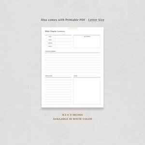 May include: Printable Bible Chapter Summary template in letter size, 8.5 x 11 inches, with sections for date, book, chapter, verses, chapter summary, application, and notes.