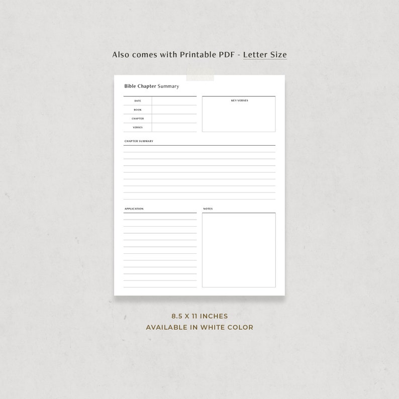 May include: Printable Bible Chapter Summary template in letter size, 8.5 x 11 inches, with sections for date, book, chapter, verses, chapter summary, application, and notes.