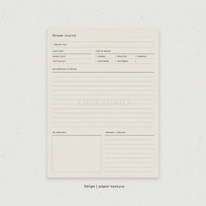 May include: A printable dream journal page with sections for dream title, sleep info, type of dream, description of dream, my emotions, and insights/analysis. The page has a beige paper texture.