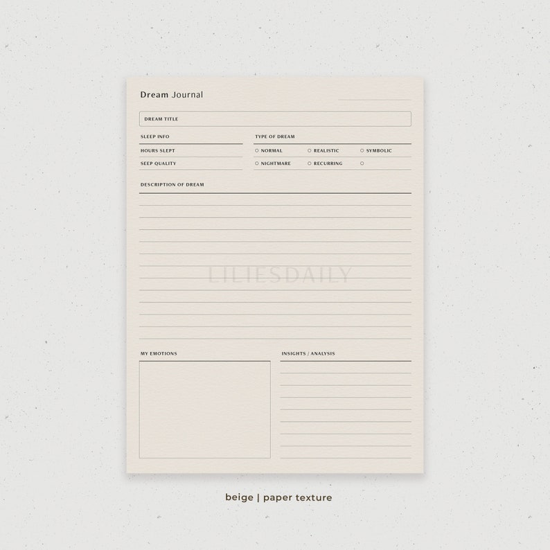 May include: A printable dream journal page with sections for dream title, sleep info, type of dream, description of dream, my emotions, and insights/analysis. The page has a beige paper texture.
