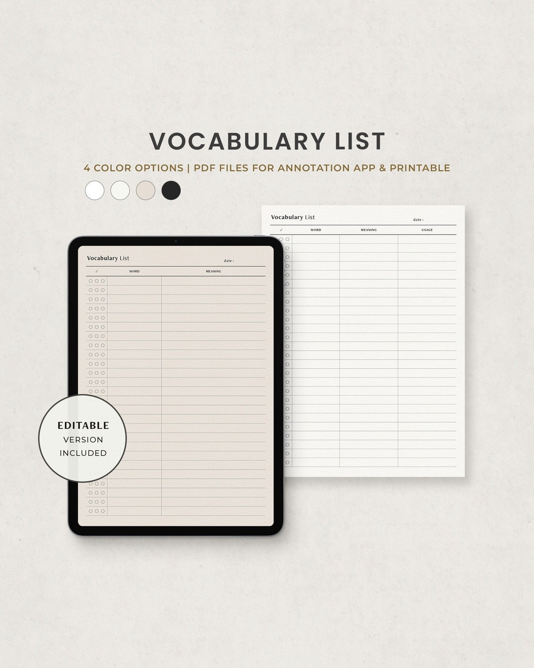 Vocabulary List, Language Learning Study Note Digital Planner Template