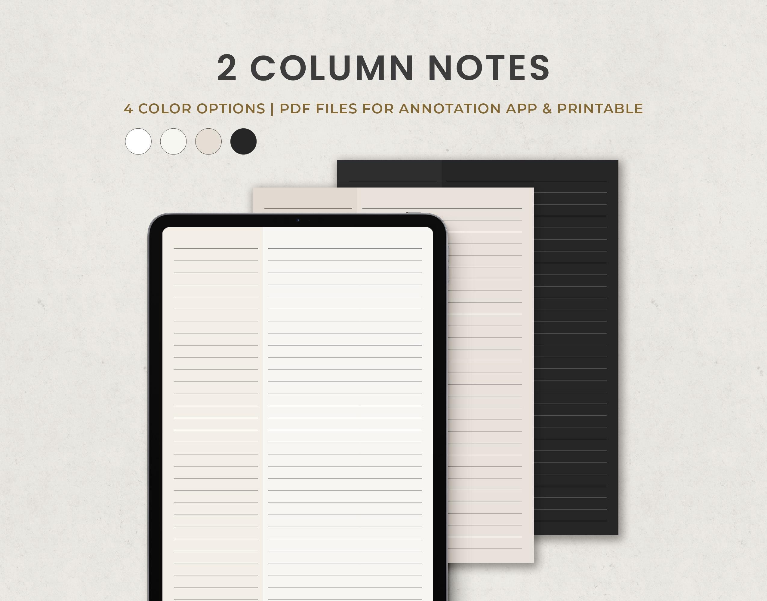 2 Column Note Paper 2 Column Notes Printable, Lined Digital Notebook Template, Goodnotes ...