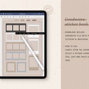 May include: A digital screen displaying a Goodnotes sticker book with a variety of film strip and photo frame stickers. The stickers are in shades of brown, gray, and blue. The text on the screen reads "Goodnotes sticker book" and includes instructions for using the stickers.