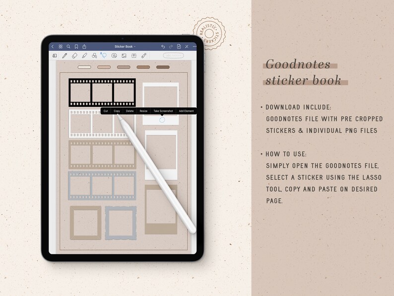May include: A digital screen displaying a Goodnotes sticker book with a variety of film strip and photo frame stickers. The stickers are in shades of brown, gray, and blue. The text on the screen reads "Goodnotes sticker book" and includes instructions for using the stickers.