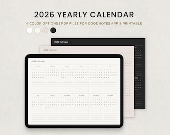 Digital Calendar 2026, Yearly Planner, Yearly Calendar Template for Goodnotes iPad, Monthly Calendar Printable PDF