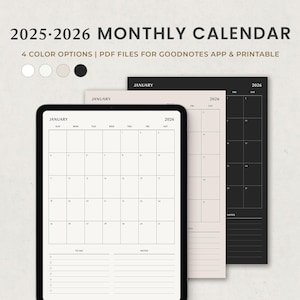 Monthly Calendar 2025 2026 Digital Template, Minimalist Monthly Planner for Goodnotes Ipad Notability PDF