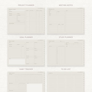 May include: A productivity planner with sections for project planning, meeting notes, goal setting, study planning, habit tracking, and to-do lists. The planner has a beige background with black lines and text.