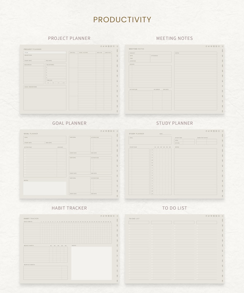 May include: A productivity planner with sections for project planning, meeting notes, goal setting, study planning, habit tracking, and to-do lists. The planner has a beige background with black lines and text.
