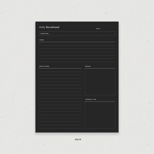 May include: A black and white printable daily devotional planner with sections for scripture, verse, reflections, prayer, and thankful for. The text "Daily Devotional" is at the top of the page.