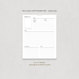May include: Printable book review template in black and white. The template includes sections for title, author, genre, start date, end date, summary, review, favorite quotes, and notes. The template is 8.5 x 11 inches.