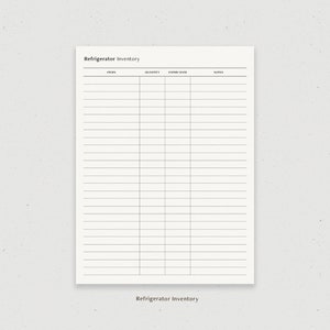 May include: A printable refrigerator inventory list with columns for items, quantity, expiry date, and notes.