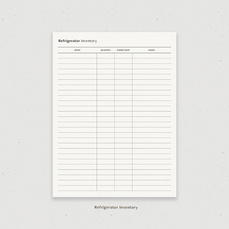 May include: A printable refrigerator inventory list with columns for items, quantity, expiry date, and notes.