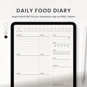 Daily Food Diary Journal, Fitness Digital Planner Template for Goodnotes on Ipad, Minimalist Calorie Tracker, Food Log, Diet Journal