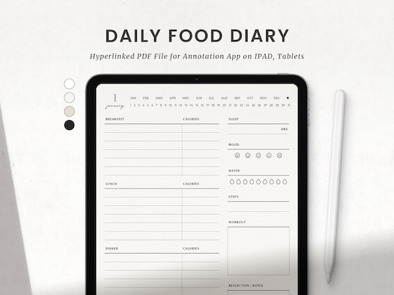 Daily Food Diary Journal, Fitness Digital Planner Template for Goodnotes on Ipad, Minimalist Calorie Tracker, Food Log, Diet Journal