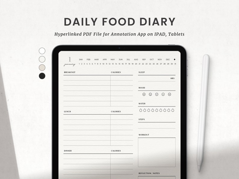 K&ouml;nnte beinhalten: Ein digitales Tablet zeigt eine Vorlage f&uuml;r ein t&auml;gliches Ern&auml;hrungstagebuch mit Abschnitten f&uuml;r Fr&uuml;hst&uuml;ck, Mittagessen, Abendessen, Kalorien, Schlaf, Stimmung, Wasser, Schritte, Training und Reflexionsnotizen. Die Vorlage enth&auml;lt einen Kalender f&uuml;r das Jahr, wobei das aktuelle Datum hervorgehoben ist.