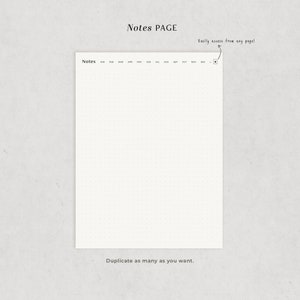 May include: A blank notes page with a dotted grid pattern. The page is labeled "Notes" and includes a calendar with the months of the year. The text "Easily access from any page!" is written in cursive and circled. The text "Duplicate as many as you want." is at the bottom of the page.