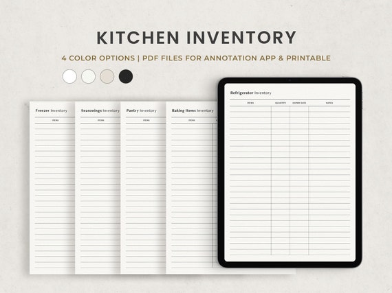 Kitchen Inventory, Refrigerator, Freezer, Seasonings, Pantry, Baking Items Trackers Digital Planner Template for Goodnotes Ipad, Printable